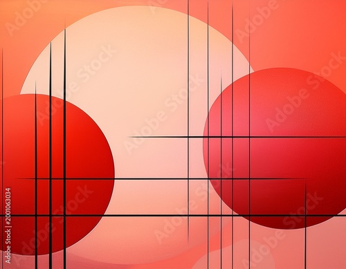 abstract digital artwork featuring large red circular shapes on a textured pink and coral gradient background with thin black intersecting lines creating a sense of balance and contrast