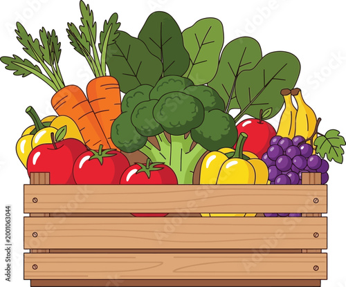 Wooden crate full of fresh fruits and vegetables healthy food assortment vector illustration.