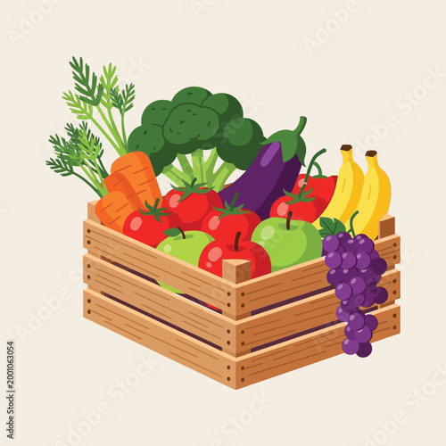 Fresh assortment of colorful fruits and vegetables in wooden crate ready for healthy eating and cooking.