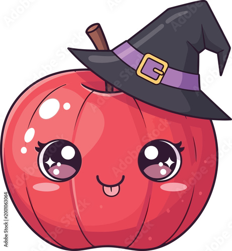 Cute Halloween apple character wearing witch hat with big sparkling eyes and sticking out tongue playful.