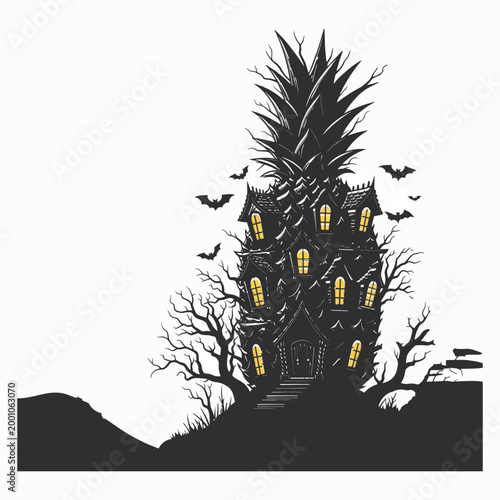 Spooky pineapple house on hill with bats and bare trees halloween night vector art.