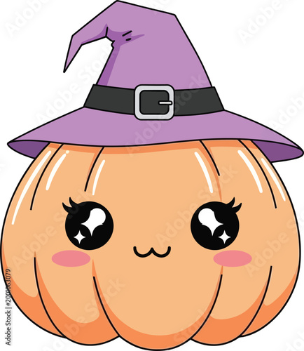 Cute cartoon pumpkin wearing purple witch hat with big sparkling eyes and blushing cheeks for Halloween.