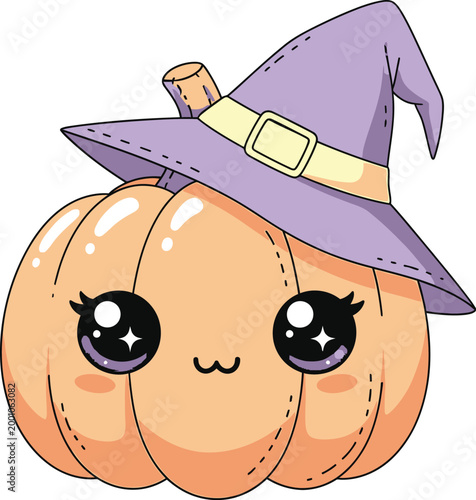 Charming orange pumpkin character in witch hat with big kawaii eyes for playful Halloween decorations.