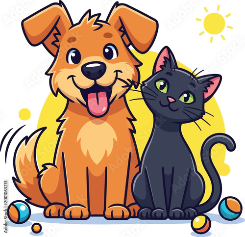 Cute cartoon dog and cat playing with balls and sun in park on summer day vector illustration.