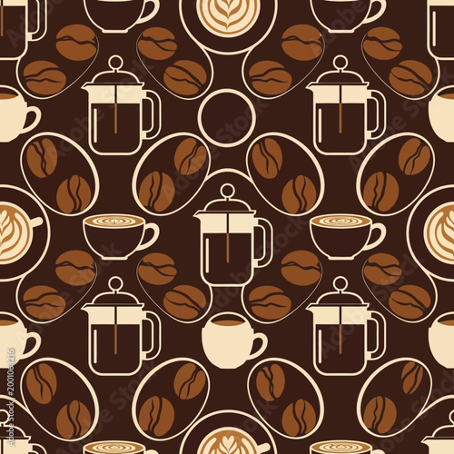Coffee pattern with french press cups latte art and coffee beans.