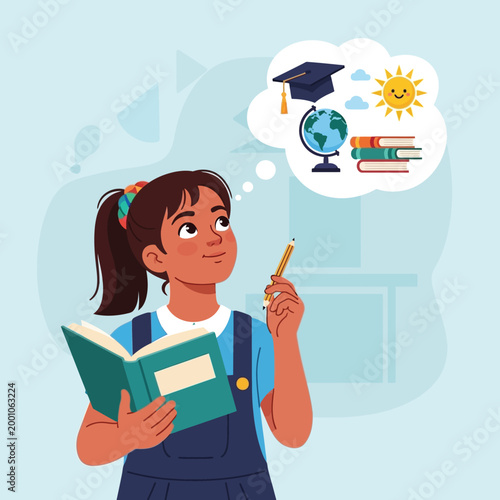 Young girl reading book and dreaming about education, graduation and globe illustration.