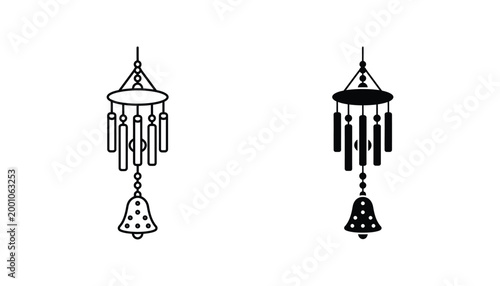 Decorative wind chime vector icon set isolated on white background featuring hanging bell ornament in both detailed line art and solid black silhouette for home decor or zen and relaxation design