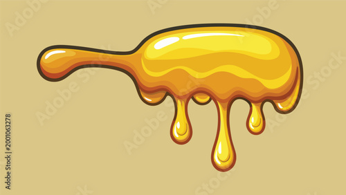 Golden honey dripping from a wooden dipper isolated on a solid background for food and nutrition design projects