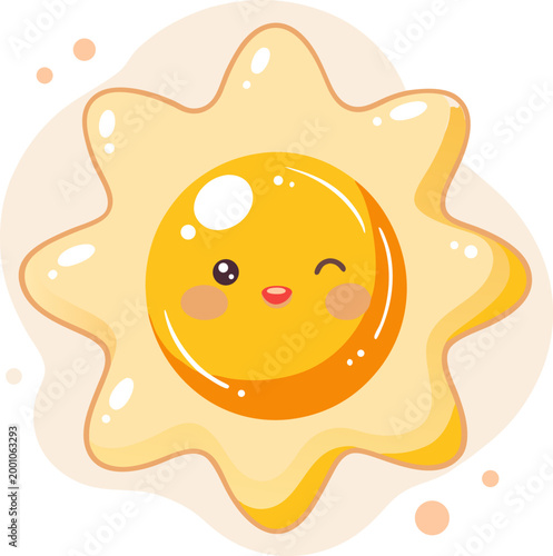 Kawaii sun shaped fried egg sticker with winking face expression and golden yolk isolated on simple background for designs.