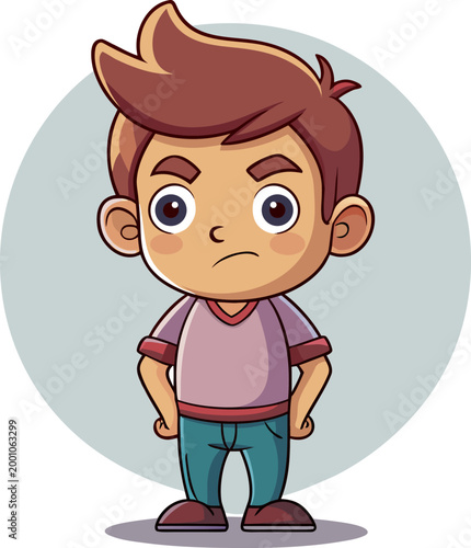 Young boy character with brown hair and grumpy expression wearing casual purple shirt and blue jeans vector illustration art.