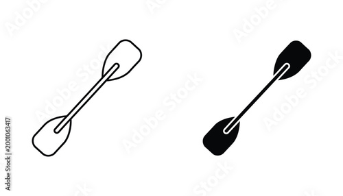 Boating paddle oar vector icon set isolated on white background featuring water sports equipment in both clean line art and solid black silhouette for kayaking canoeing or marine recreational design
