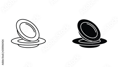 Empty plate stacked vector icon set isolated on white background featuring kitchenware dishware in both minimalist line art and solid black silhouette for restaurant menu or food service design