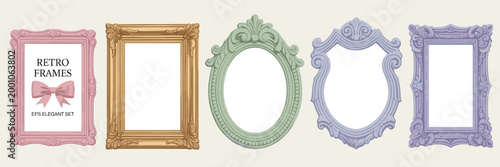 Collection of ornate, vintage-style frames in pastel colors and gold, with decorative retro