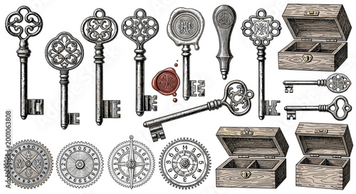 Collection of vintage-style keys wooden boxes and clockwork dials on white backdrop