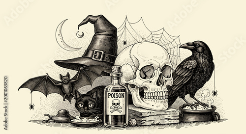 Illustration of Spooky Halloween Elements: Witch Hat Skull Raven Bat Black Cat Potion