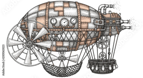 Intricate Steampunk Dirigible Illustration on White Background with Mechanical Details