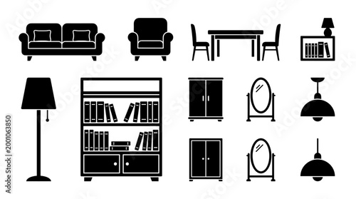 Essential Living Room and Dining Room Furniture Black Silhouette Icon Set