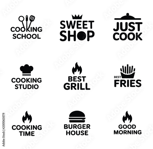 Food and restaurant logo icon set, minimalist vector collection of cooking, bakery, kitchen, and grill typography logos for food brand identity, restaurant branding, and culinary business design templ