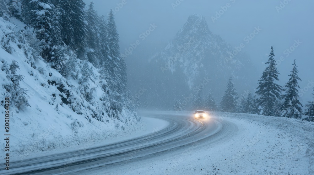 Fototapeta premium Snowstorm on a winding mountain road with a lone vehicle in a remote pass