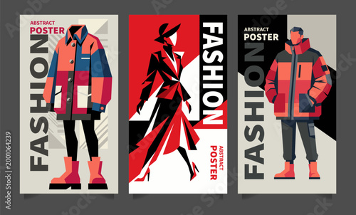 Abstract Geometric Fashion Poster Set with Modern Stylized Vector Illustrations Modern Flat Design Fashion Banner Collection with Stylized Male and Female Figures