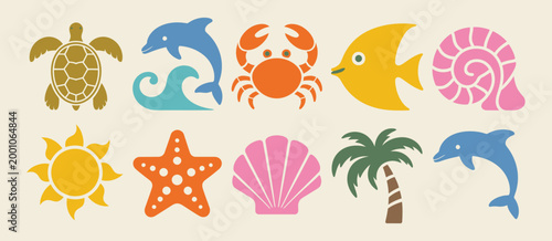 Groovy Summer Icons in Boho Style, Abstract Beach Vector Illustration in Naive Art with Geometric Bird, Sun, Palm, Shells, Sea Star, Crab, and Turtle for Logo, Patterns, Stickers, Social Media.