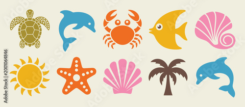Groovy Summer Icons in Boho Style, Abstract Beach Vector Illustration in Naive Art with Geometric Bird, Sun, Palm, Shells, Sea Star, Crab, and Turtle for Logo, Patterns, Stickers, Social Media.