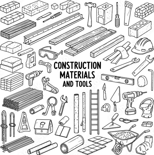Hand Drawn Construction Materials and Tools Collection. Outline Sketch of Building Supplies, Equipment, and Work Instruments for DIY, Renovation.