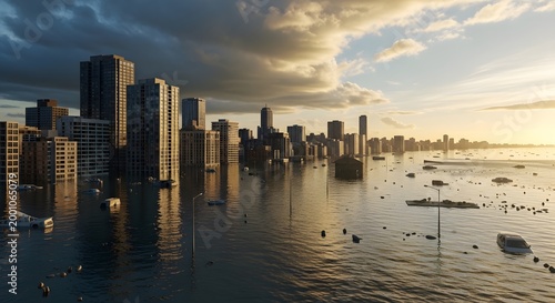 Flooded city skyline showing dramatic rising water levels submerging tall residential apartment buildings.