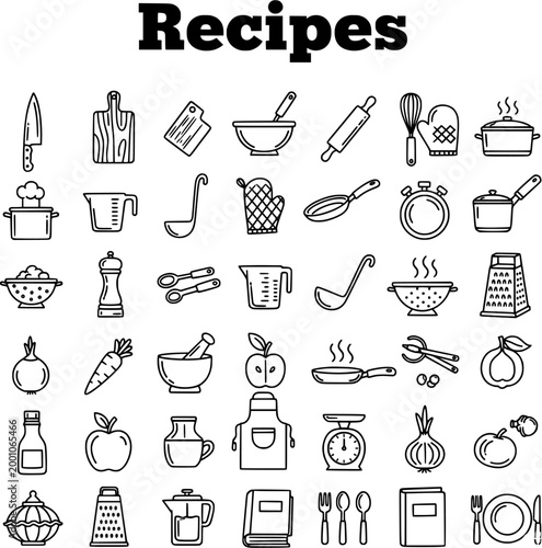 Black and White Line Art Icon Set for Cooking, Kitchen Tools, Food Ingredients, and Recipe Design Elements