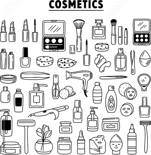 Doodle Line Art Set of Cosmetics, Beauty Products, Makeup Tools, Skincare, Hair Care, and Personal Hygiene Items on White Background