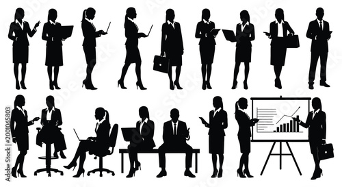 Business professionals silhouette collection diverse poses depicting modern workplace interactions and presentations