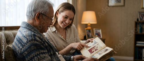 Senior man and caregiver looking at old family photo album together in a living room, smiling young woman helping elderly father reminisce about memories with vintage pictures, heartwarming family bon