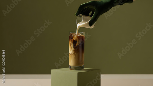 Invigorating Cold Brew Coffee with Cream Pour in Tall Glass on Green Pedestal, Refreshing Beverage for Stylish Leisure Mornings