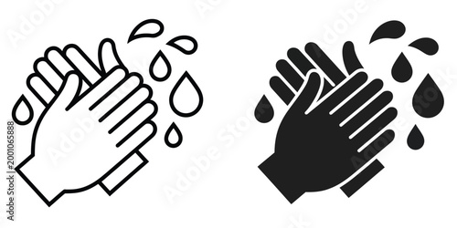 Wash hands icons in black glyph and line styles representing hygiene practice, hand cleaning, sanitation process, health protection, infection prevention, and personal care
