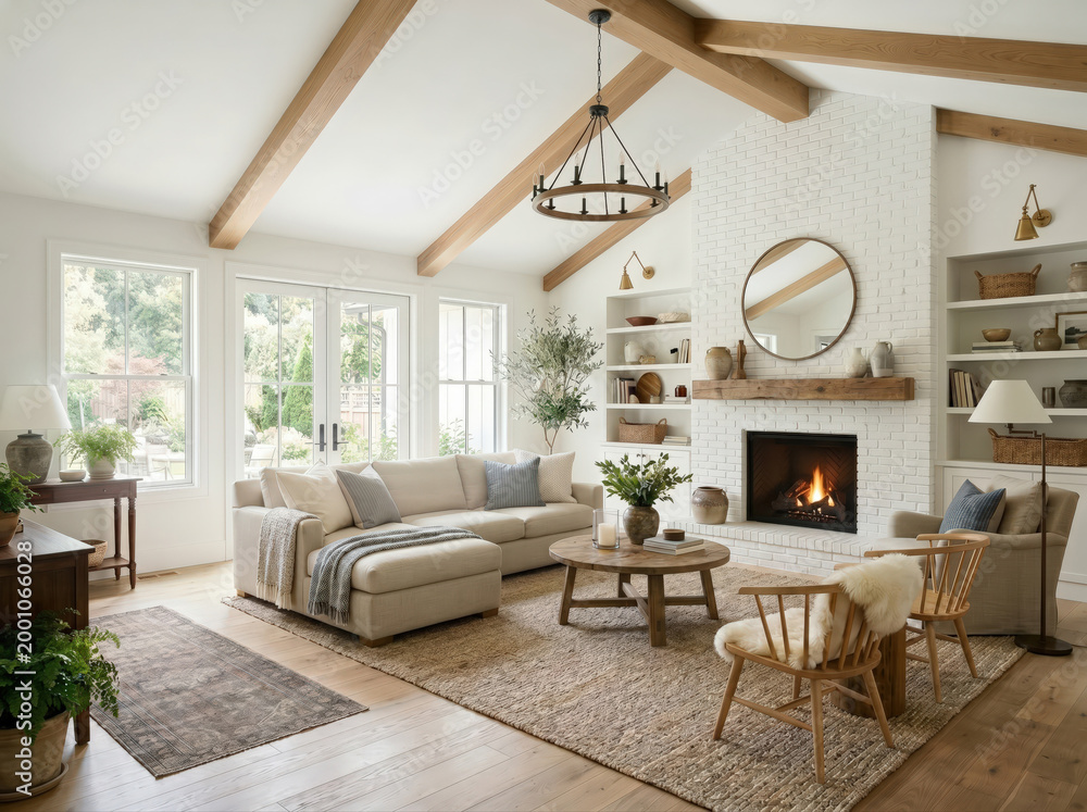 Fototapeta premium A white modern farmhouse living room with shiplap walls and white oak beams on the high ceilings and cozy furniture sits around a white fireplace.