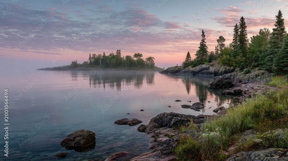 Obraz premium Tranquil Great Lake morning: pastel sky, mist over water, forested coast