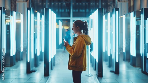 Woman using smartphone at automated self-checkout machine in modern retail store. Customer scanning digital payment code for contactless transaction. Future innovation in shopping technology.