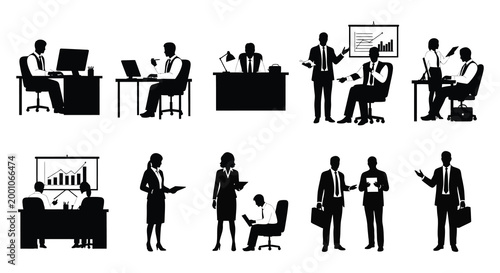 Business people silhouette collection diverse professionals in office settings and interactions