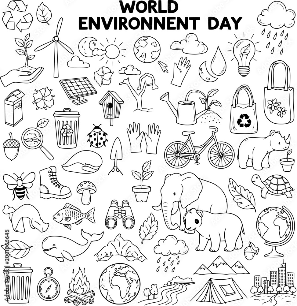 Obraz premium World Environment Day Doodles: Hand-drawn Collection of Nature, Animals, Sustainability, Recycling Eco-Friendly Elements