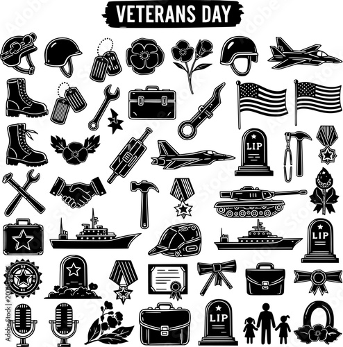 Veterans Day Military Remembrance Icons Set: Helmets, Boots, Medals, Flags, Airplanes, Tanks, and Memorial Symbols for Patriotism and Service