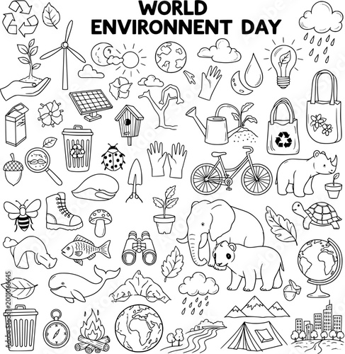 World Environment Day Doodles: Hand-drawn Collection of Nature, Animals, Sustainability, Recycling  Eco-Friendly Elements