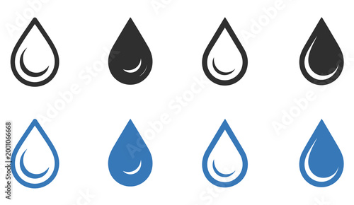 Water drop icon set representing liquid droplet shape, rain, purity, hydration, fluidity, and environmental water symbol