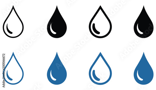 Water droplet symbol icon collection showing outline, filled, and color variations, representing clean water, rainfall, hydration, freshness, liquid flow, and natural resource