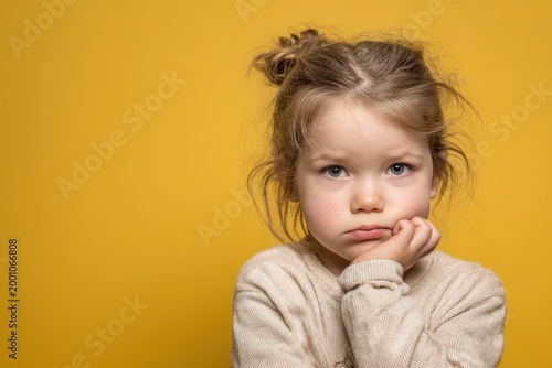 Unhappy child with a thoughtful gaze, hand under chin, against a vivid yellow backdrop