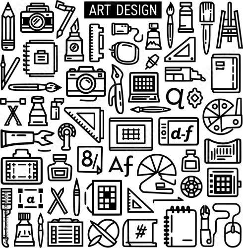 Art Design Icons: Line art style illustration featuring drawing supplies, cameras, laptop, lettering, and tools for artistic creations.