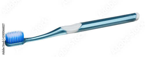 Fotografie Blue plastic toothbrush on isolated background