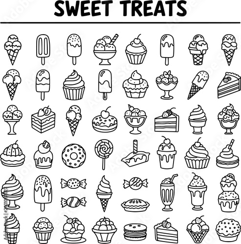 Hand-drawn Black and White Vector Doodle Icons of Sweet Treats and Desserts Collection