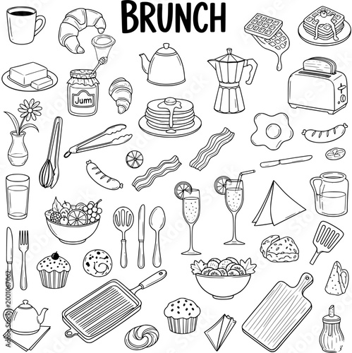 Brunch Food and Drinks Doodle Set. Hand-drawn outline collection of breakfast and lunch items, pastries, beverages, and kitchen utensils for menus.