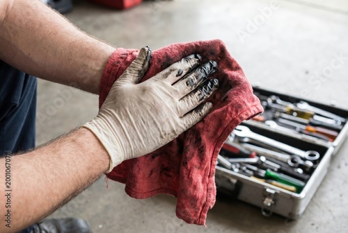 Mechanic wiping greasy dirty hands with red cloth after repairing car