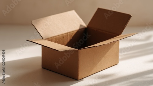 Opened brown cardboard shipping box with lid propped open on a white surface